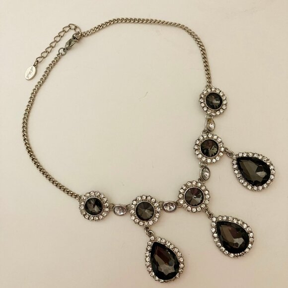 A & A Statement Necklace Brown Crystal Rhinestone Teardrop Silver Chain Vintage - Picture 4 of 11